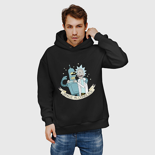 Мужское худи оверсайз Bander and Rick - space alcoholics / Черный – фото 3
