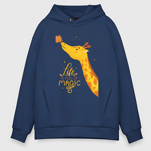 Мужское худи оверсайз Пятнистые друзья - жираф и бабочка / Тёмно-синий – фото 1