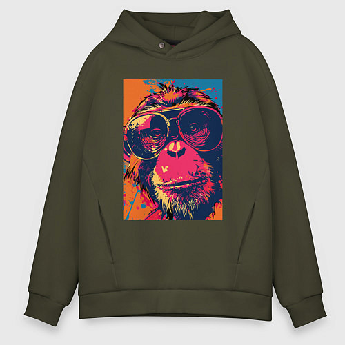 Мужское худи оверсайз Обезьяна в очках big pop art / Хаки – фото 1