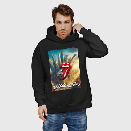 Мужское худи оверсайз Rolling Stones - logo-guitar / Черный – фото 3