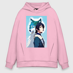 Толстовка оверсайз мужская Мечтательная девчонка и волк - нейроарт, цвет: светло-розовый