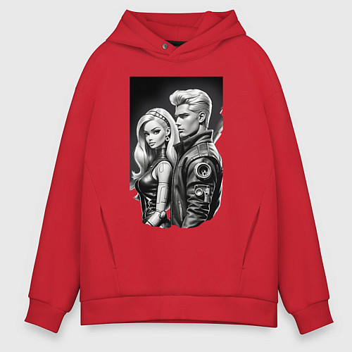Мужское худи оверсайз Барби и Кен - киберпанк эскиз / Красный – фото 1