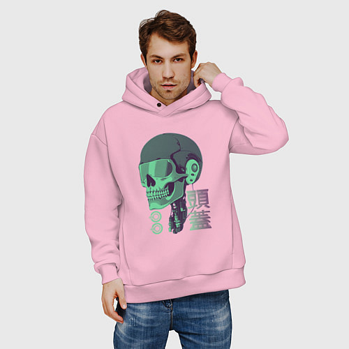 Мужское худи оверсайз Скелет киборг в стиле VHS / Светло-розовый – фото 3