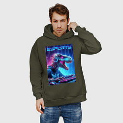 Толстовка оверсайз мужская Tyrannosaurus is esports player - neon glow, цвет: хаки — фото 2