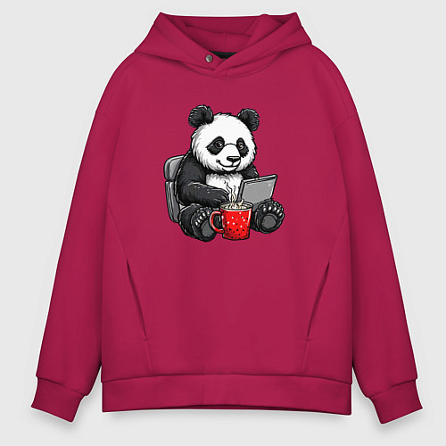 Мужское худи оверсайз Панда с кофе за ноутбуком / Маджента – фото 1