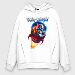 Толстовка оверсайз мужская Том и Джерри - космическое приключение, цвет: белый
