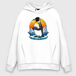 Толстовка оверсайз мужская Пингвин фотограф, цвет: белый