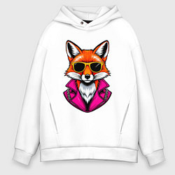 Толстовка оверсайз мужская Лиса в очках и розовой куртке, цвет: белый