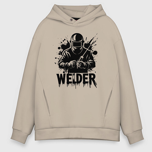 Мужское худи оверсайз Сварщик черной краской / Миндальный – фото 1