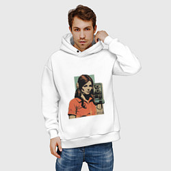 Толстовка оверсайз мужская Девушка у винтажного телефона поп-арт 1970-е, цвет: белый — фото 2