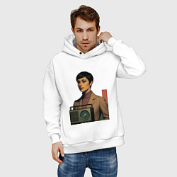 Толстовка оверсайз мужская Брюнетка и радиоприемник ретрофутуризм поп-арт 197, цвет: белый — фото 2