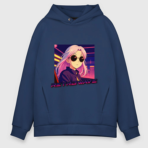 Мужское худи оверсайз Ретровейв аниме девушка / Тёмно-синий – фото 1