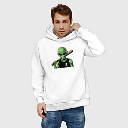 Толстовка оверсайз мужская Зеленый пришелец с битой, цвет: белый — фото 2