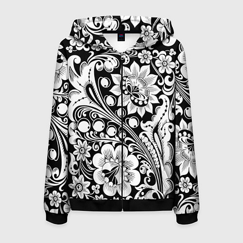 Мужская толстовка на молнии Хохлома черно-белая / 3D-Черный – фото 1
