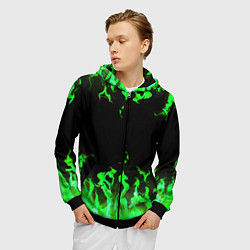 Толстовка 3D на молнии мужская GREEN FIRE ОГОНЬ, цвет: 3D-черный — фото 2