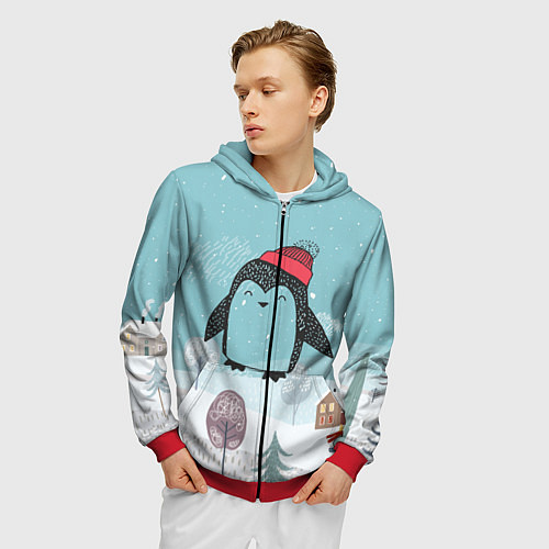 Мужская толстовка на молнии Милый пингвин / 3D-Красный – фото 3