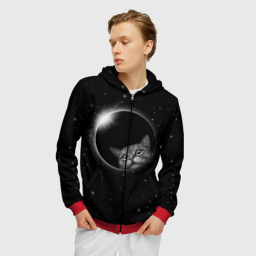 Мужская толстовка на молнии Кот в Космосе / 3D-Красный – фото 3