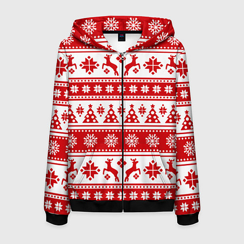 Мужская толстовка на молнии Новый Год Олени и снежинки / 3D-Черный – фото 1