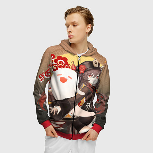 Мужская толстовка на молнии GENSHIN IMPACT HU TAO / 3D-Красный – фото 3