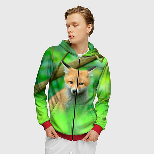 Мужская толстовка на молнии Лисенок в зеленом лесу / 3D-Красный – фото 3