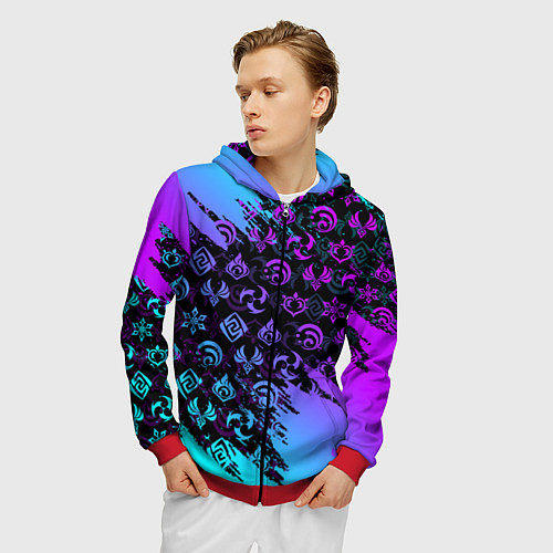 Мужская толстовка на молнии GENSHIN NEON PATTERN SYMBOL НЕОН ЭМБЛЕМЫ / 3D-Красный – фото 3