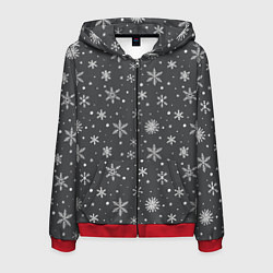 Толстовка 3D на молнии мужская Белые снежинки на сером фоне, цвет: 3D-красный