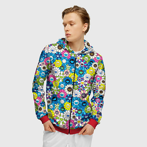 Мужская толстовка на молнии Takashi Murakami Улыбающиеся цветы / 3D-Красный – фото 3