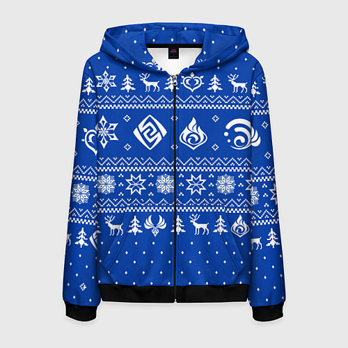Мужская толстовка на молнии НОВОГОДНИЙ СВИТЕР GENSHIN IMPACT СИНИЙ / 3D-Черный – фото 1