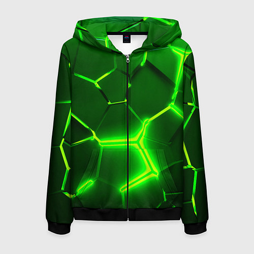 Мужская толстовка на молнии 3D ПЛИТЫ НЕОН NEON GREEN HEXAGON РАЗЛОМ / 3D-Черный – фото 1