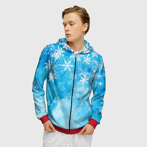 Мужская толстовка на молнии Новогодние снежинки / 3D-Красный – фото 3