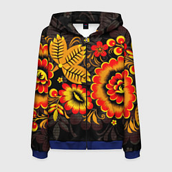 Толстовка 3D на молнии мужская Хохломская Роспись Цветы На Тёмном Фоне, цвет: 3D-синий