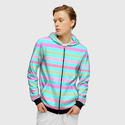 Толстовка 3D на молнии мужская Pink turquoise stripes horizontal Полосатый узор, цвет: 3D-черный — фото 2