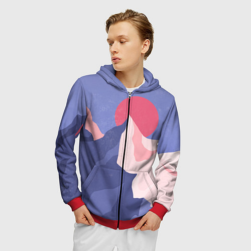 Мужская толстовка на молнии Пейзаж гор и леса в стиле ретро / 3D-Красный – фото 3