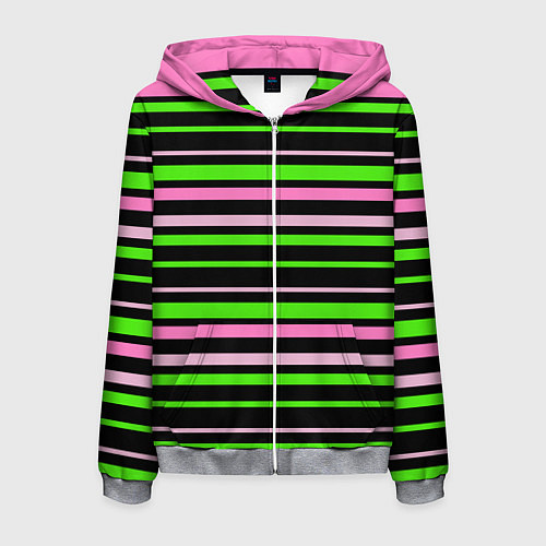 Мужская толстовка на молнии Полосаты узор в зелено-розовых оттенках на черном / 3D-Меланж – фото 1