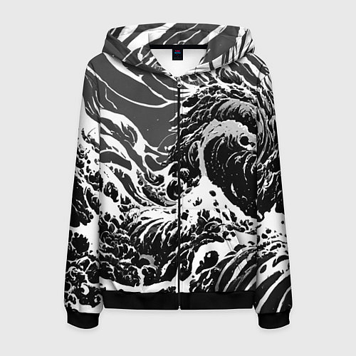 Мужская толстовка на молнии Черно-белые волны / 3D-Черный – фото 1
