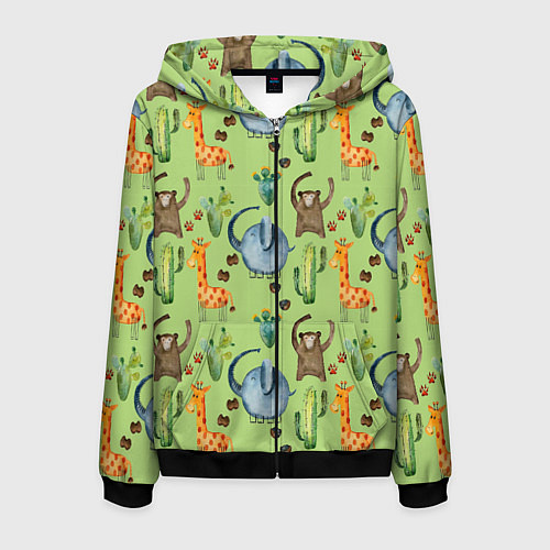 Мужская толстовка на молнии Африканские животные - слон обезьянка жираф / 3D-Черный – фото 1