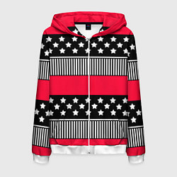 Толстовка 3D на молнии мужская Red and black pattern with stripes and stars, цвет: 3D-белый