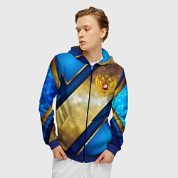 Толстовка 3D на молнии мужская Золотой герб России на синем объемном фоне, цвет: 3D-синий — фото 2