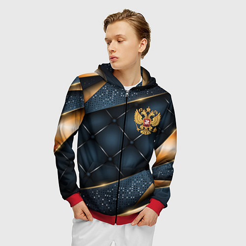 Мужская толстовка на молнии Золотой герб России на объемном фоне / 3D-Красный – фото 3