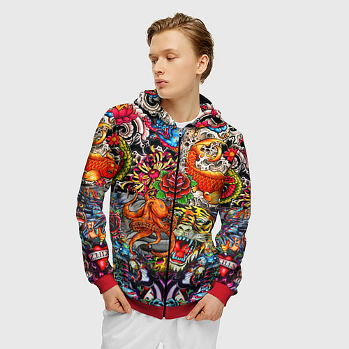 Мужская толстовка на молнии Красочная иллюстрация / 3D-Красный – фото 3