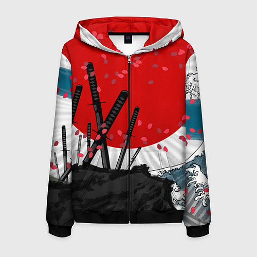 Мужская толстовка на молнии Солнце, волны и катаны / 3D-Черный – фото 1