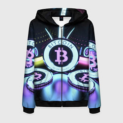 Толстовка 3D на молнии мужская Неоновый светящийся биткоин, цвет: 3D-черный