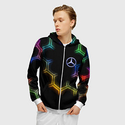 Толстовка 3D на молнии мужская Mercedes - neon pattern, цвет: 3D-белый — фото 2