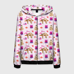 Толстовка 3D на молнии мужская Сонный ленивец с подушками, цвет: 3D-черный