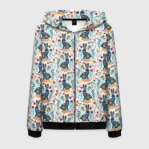 Мужская толстовка на молнии Новогодний паттерн - Кролики и веточки / 3D-Черный – фото 1