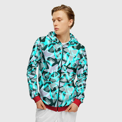 Мужская толстовка на молнии Пятнистый абстрактный узор серый с бирюзовыми лини / 3D-Красный – фото 3