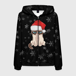 Толстовка 3D на молнии мужская Грустный кот новый год, цвет: 3D-черный