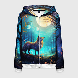Толстовка 3D на молнии мужская Волк в ночном лесу в folk art стиле, цвет: 3D-белый