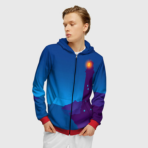 Мужская толстовка на молнии Маяк в ночи / 3D-Красный – фото 3