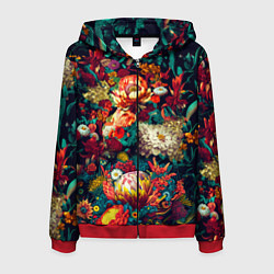 Толстовка 3D на молнии мужская Цветочный паттерн с цветами и листьями, цвет: 3D-красный